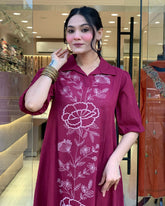 Berry Embroidered Viscose Chanderi Kurti for Women