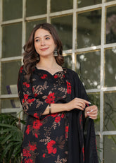 Black Silk Blend Embroidered Kurti Pant Dupatta Set