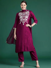 Cherry Viscose Chanderi Embroidered Kurti Pant Set with Organza Dupatta