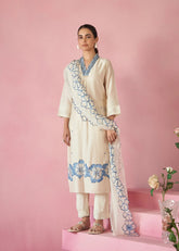 Cream Embroidered Viscose Rayon Kurti Pant Set with Organza Dupatta