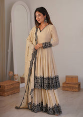 Cream Faux Georgette Embroidered Suit Set with Dupatta