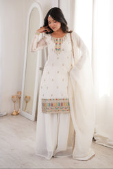 Ivory Crunchy Silk Embroidered Kurta Sharara Set with Dupatta