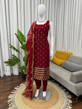Maroon Roman Silk Embroidered Kurta Pant Dupatta Set
