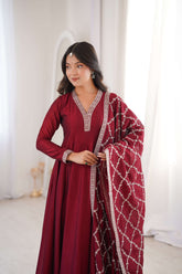 Maroon Red Vichitra Silk Anarkali Gown with Embroidered Dupatta