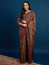 Coffee Brown Cozi Silk Blend Floral Printed Kantha Work Saree