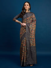 Grey Cozi Silk Blend Floral Printed Kantha Work Saree