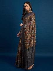 Grey Cozi Silk Blend Floral Printed Kantha Work Saree