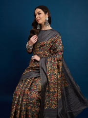 Grey Cozi Silk Blend Floral Printed Kantha Work Saree