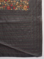Grey Cozi Silk Blend Floral Printed Kantha Work Saree