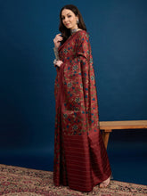 Maroon Cozi Silk Blend Floral Printed Kantha Work Saree