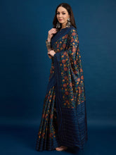 Navy Blue Cozi Silk Blend Floral Printed Kantha Work Saree