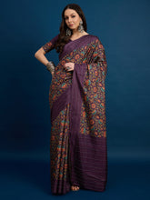 Purple Cozi Silk Blend Floral Printed Kantha Work Saree