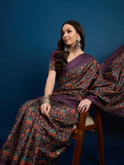 Purple Cozi Silk Blend Floral Printed Kantha Work Saree