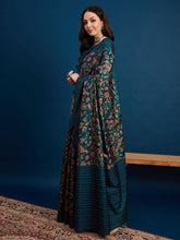 Teal Green Cozi Silk Blend Floral Printed Kantha Work Saree