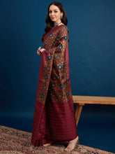 Wine Cozi Silk Blend Floral Printed Kantha Work Saree