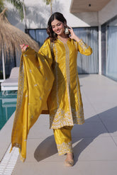 Mustard Yellow Zari Sequins Embroidered Kurta Set with Dupatta