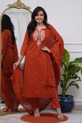Orange Embroidered Viscose Rayon Kurti Pant Set with Chanderi Dupatta