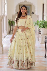 Pastel Yellow Vichitra Silk Embroidered Lehenga Choli Set