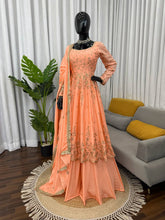 Peach Chinon Silk Embroidered Gown Lehenga with Dupatta