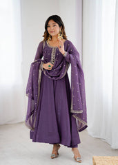 Royal Purple Crunchy Silk Anarkali Set with Dupatta