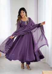 Royal Purple Crunchy Silk Anarkali Set with Dupatta