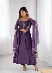 Royal Purple Crunchy Silk Anarkali Set with Dupatta