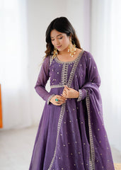 Royal Purple Crunchy Silk Anarkali Set with Dupatta