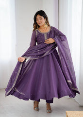 Royal Purple Crunchy Silk Anarkali Set with Dupatta