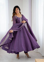 Royal Purple Crunchy Silk Anarkali Set with Dupatta