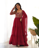 Wine Fox Georgette 8m Flare Anarkali Set with Ruffle Dupatta
