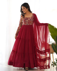 Wine Fox Georgette 8m Flare Anarkali Set with Ruffle Dupatta