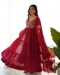 Wine Fox Georgette 8m Flare Anarkali Set with Ruffle Dupatta