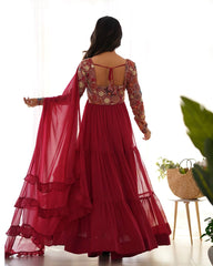 Wine Fox Georgette 8m Flare Anarkali Set with Ruffle Dupatta