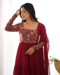 Wine Fox Georgette 8m Flare Anarkali Set with Ruffle Dupatta