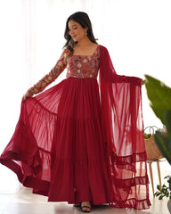 Wine Fox Georgette 8m Flare Anarkali Set with Ruffle Dupatta
