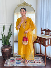 Yellow Embroidered Viscose Rayon Kurti Pant Dupatta Set