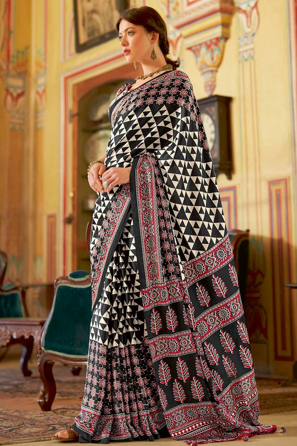 Ajrakh Printed Satin Crepe Saree Black & Red