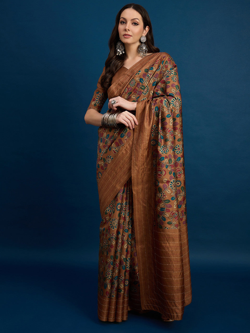 Brown Cozi Silk Blend Floral Printed Kantha Work Saree