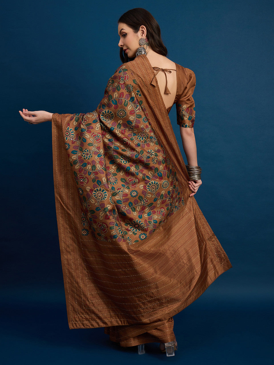 Brown Cozi Silk Blend Floral Printed Kantha Work Saree