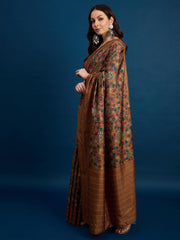 Brown Cozi Silk Blend Floral Printed Kantha Work Saree