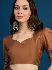 Brown Cozi Silk Blend Floral Printed Kantha Work Saree