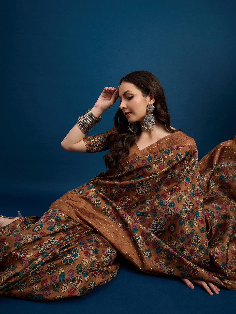 Brown Cozi Silk Blend Floral Printed Kantha Work Saree