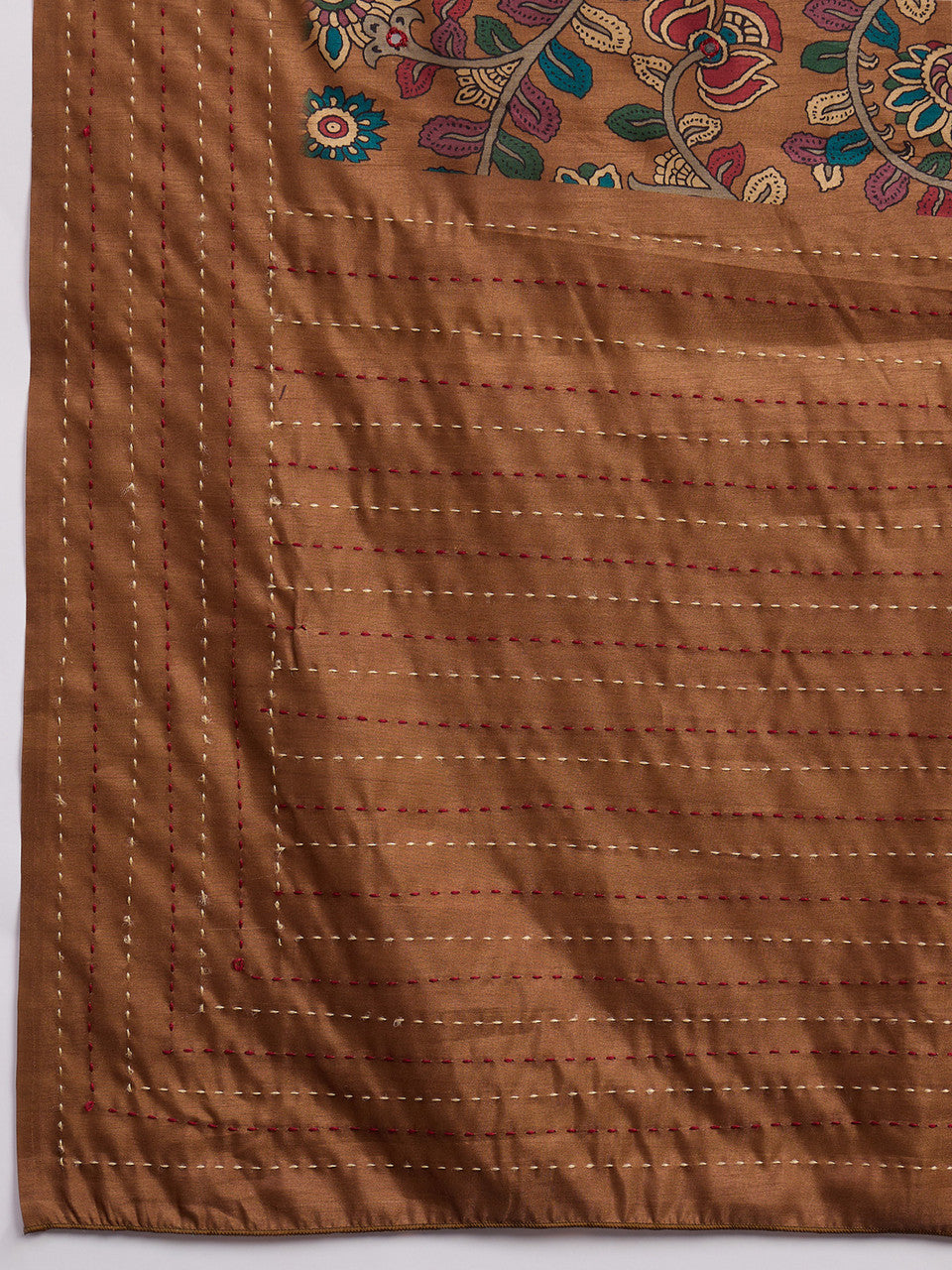Brown Cozi Silk Blend Floral Printed Kantha Work Saree