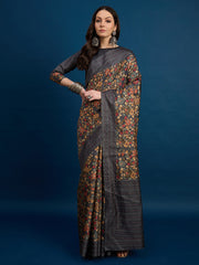 Grey Cozi Silk Blend Floral Printed Kantha Work Saree