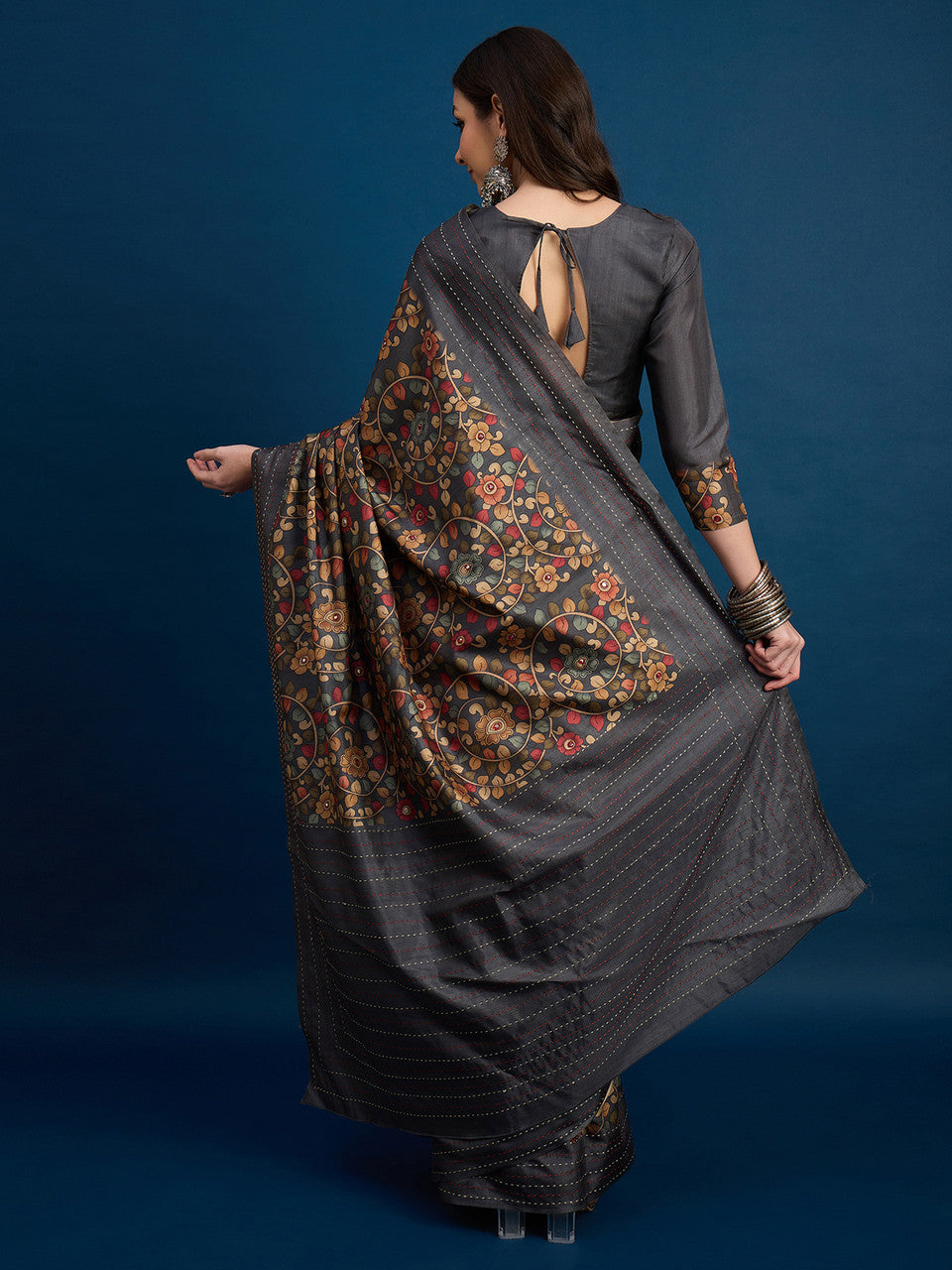 Grey Cozi Silk Blend Floral Printed Kantha Work Saree