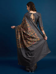 Grey Cozi Silk Blend Floral Printed Kantha Work Saree
