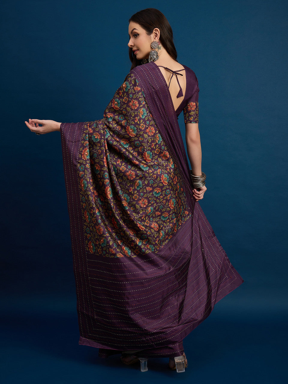 Purple Cozi Silk Blend Floral Printed Kantha Work Saree