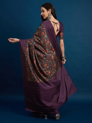 Purple Cozi Silk Blend Floral Printed Kantha Work Saree