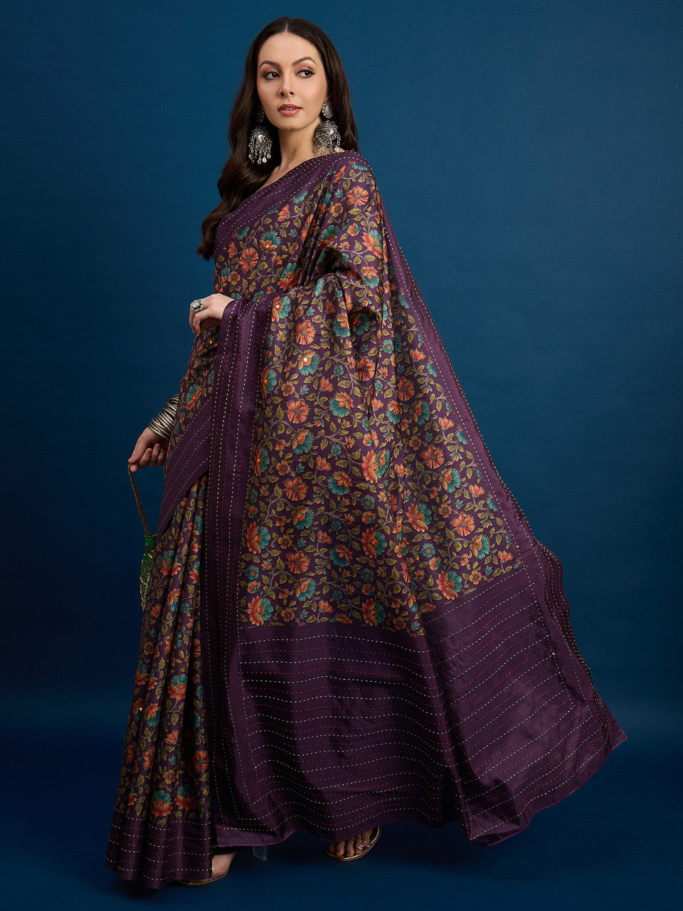 Purple Cozi Silk Blend Floral Printed Kantha Work Saree