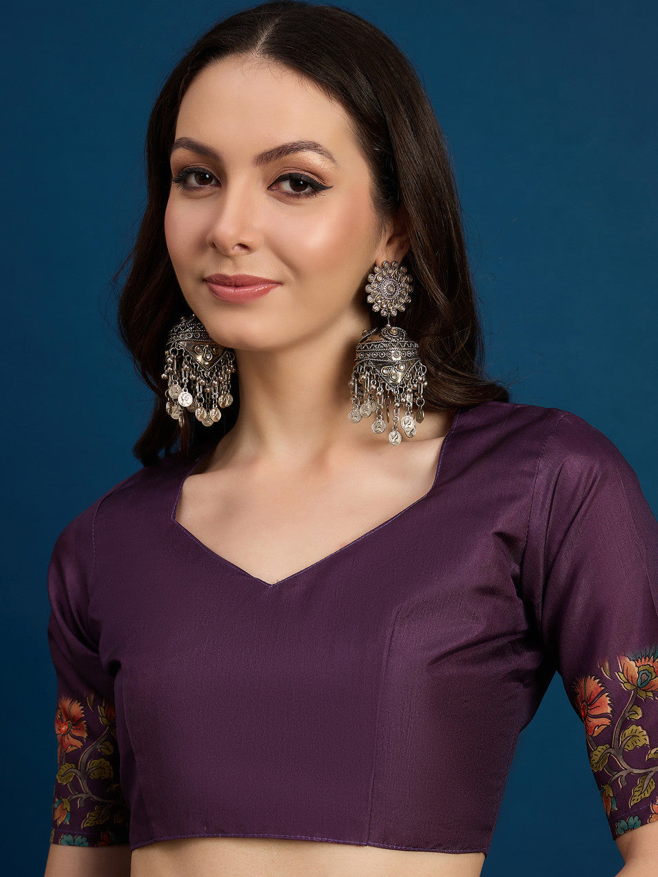 Purple Cozi Silk Blend Floral Printed Kantha Work Saree